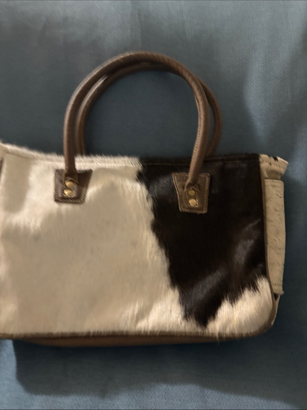 Brown & White Cowhide Tote Bag with Leather Handles